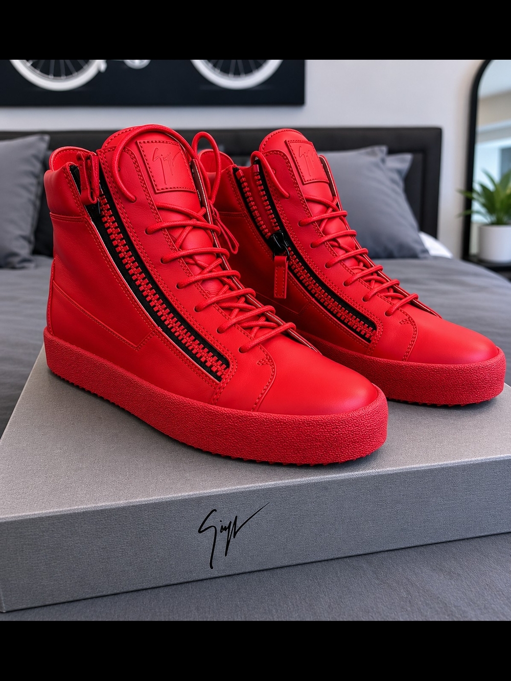 Giuseppe Zanotti Red High-Top Leather Sneakers with Side Zipper